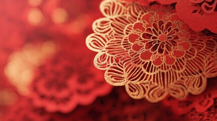 Paper Cut Decorations on Blurred Background with Red Gold Bokeh
