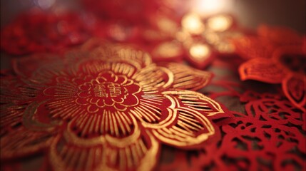 Paper Cut Decorations on Blurred Background with Red Gold Bokeh