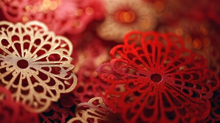 Paper Cut Decorations on Blurred Background with Red Gold Bokeh