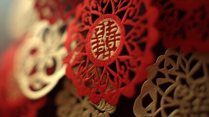 Paper Cut Decorations on Blurred Background with Red Gold Bokeh