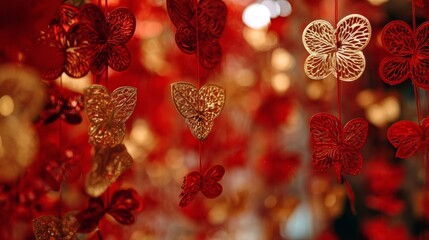 Paper Cut Decorations on Blurred Background with Red Gold Bokeh