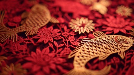 Paper Cut Decorations on Blurred Background with Red Gold Bokeh