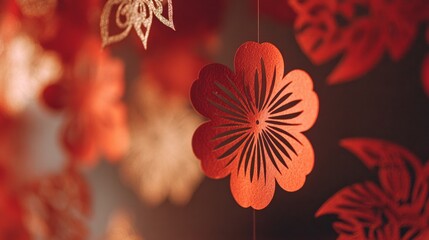 Paper Cut Decorations on Blurred Background with Red Gold Bokeh