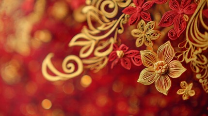 Paper Cut Decorations on Blurred Background with Red Gold Bokeh