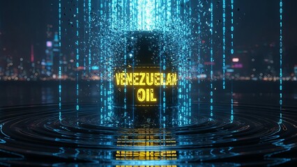 Digital Oil Industry Display with Venezuela Text Reflection on Water at Night