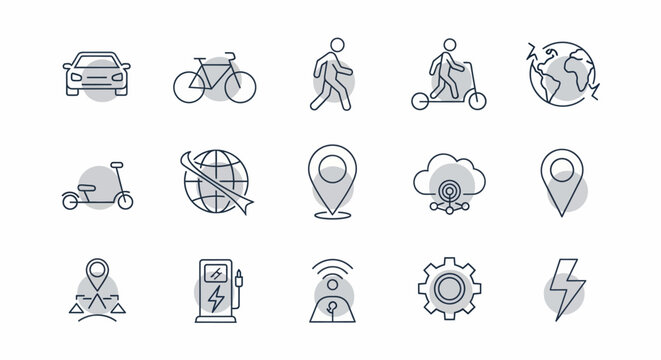 Collection of transportation and technology icons representing various modes of travel.