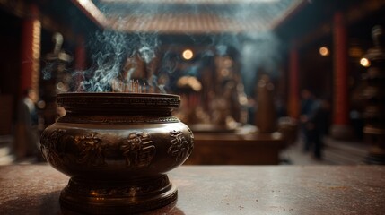 Temple Incense Smoke on Blurred Background with Mystical Atmosphere