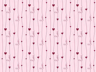Seamless romantic pattern with hand drawn hearts and cursive love lettering on soft pink background. Delicate vertical lines create cozy mood for wrapping paper, textile, stationery and packaging art.