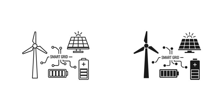 Black and white smart grid energy system with wind turbine solar panel and batteries