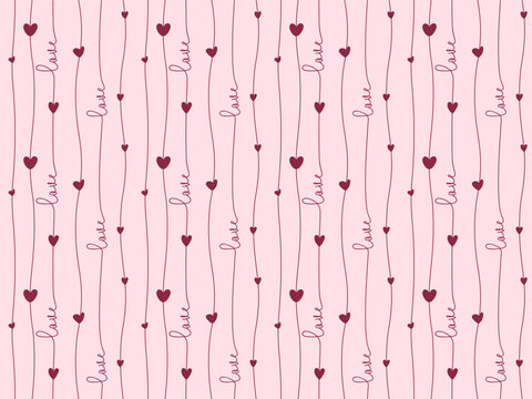 Seamless romantic pattern with hand drawn hearts and cursive love lettering on soft pink background. Delicate vertical lines create cozy mood for wrapping paper, textile, stationery and packaging art.