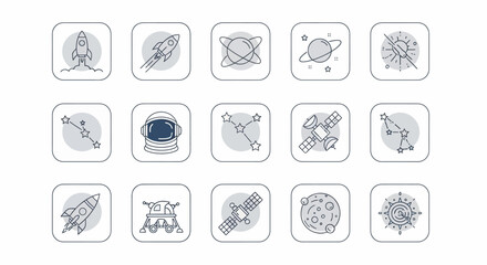 Collection of space and astronomy themed line art icons with subtle grey accents. © Heruu