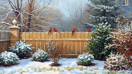 Red cardinals on the wooden fence in winter backyard garden oil painting 