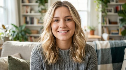 Young Woman Smiling Sitting on Modern Couch in Bright Home Living Room