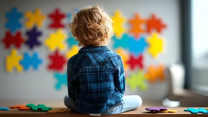 Youngster sits facing away observing vibrant wall covered in colorful puzzle pieces faceless child defocused awareness background neurodiversity visualization scene inclusive