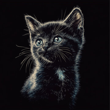 Photorealistic portrait of a black kitten with blue eyes on a dark background, artistic illustration with dramatic lighting and highly detailed fur