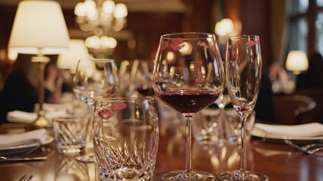 Elegant Restaurant Table Setting With Red Wine Glasses and Clear Drinkware During Romantic Dinner Service