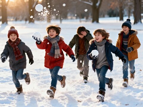 Group of children enjoy a winter day in the snow as they play and throw snowballs while laughing and having fun during a sunny afternoon in the park