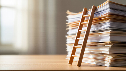 Symbolic image of a wooden ladder leaning on a tall stack of documents representing career growth, bureaucracy, paperwork overload, academic pressure, office work, and professional development