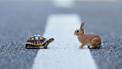 Toy turtle and rabbit figurines facing each other on a road line, fable competition, patience versus speed, life pace, consistent progress, mindset growth, motivation and self awareness