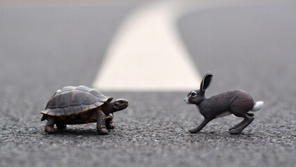 Toy tortoise and hare on asphalt road, slow steady progress versus speed, perseverance patience competition, childhood fable motivation, goal achievement journey