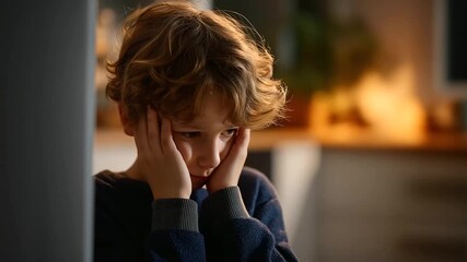Young youngster in room corner feels scared and alone covering ears faceless boy defocused background issues include isolation awareness trauma affecting development emotional