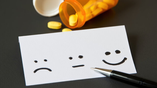 Antidepressant medication and mood change concept showing drawn emotional faces from sad to happy next to spilled pills and pen, symbolizing depression treatment, mental health, emotional recovery