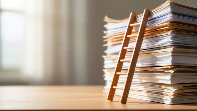Symbolic image of a wooden ladder leaning on a tall stack of documents representing career growth, bureaucracy, paperwork overload, academic pressure, office work, and professional development