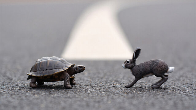 Toy tortoise and hare on asphalt road, slow steady progress versus speed, perseverance patience competition, childhood fable motivation, goal achievement journey