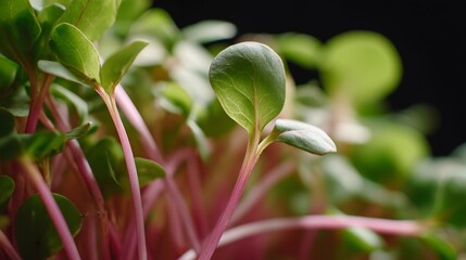 Obraz premium Tiny plant sprouts grow close together on a dark background