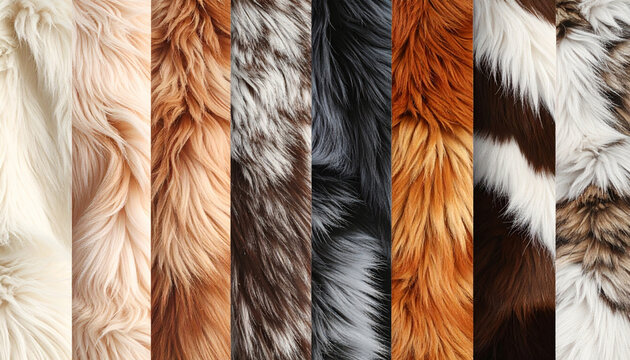 Collection of colorful faux fur textures arranged in a modern collage. Soft fluffy fur backgrounds ideal for fashion design, textile inspiration, branding, and creative moodboards.