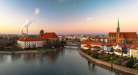 Aerial panoramic view of Ostrów Tumski in Wrocław, Poland.