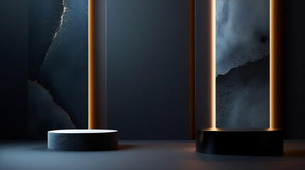 Luxury Dark Podium Background With Minimalist Black and Gold Lighting for Premium Product Presentation, Brand Advertising, Commercial Display and Modern Marketing Design