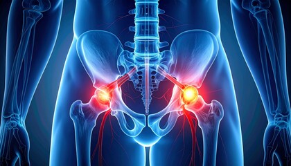Medical illustration of human pelvic region with skeletal, muscular, and nerve structures; red glow on hip joints.
