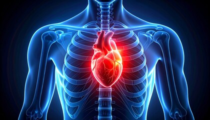 Digital rendering of human upper torso skeleton with glowing red light at sternum, highlighting heart region.