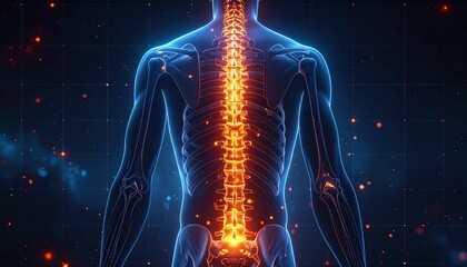Digital rendering of human spine and ribcage from back view with glowing orange vertebrae nodes on dark grid.