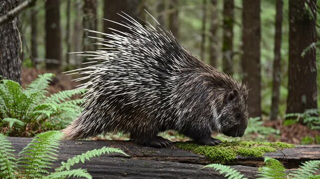 Porcupine Walking Along Log in Forest, Close Up