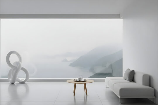 Minimal white living room with panoramic sea view and modern decor