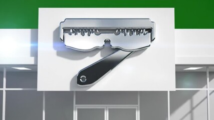 3D render barbershop facade building with razor logo on white background