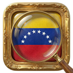 Venezuela flag in a golden ornate frame with a magnifying glass Isolated on transparent background