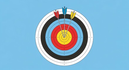 Vector illustration of an archery target with three arrows hitting the gold bullseye center.