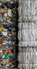 Stacked bales of compressed plastic waste and garbage at a recycling center.