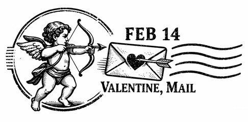 Vintage cupid aiming an arrow at a heart-stamped envelope marked Feb 14, symbolizing romantic Valentine's Day mail delivery. Perfect for greeting cards and seasonal ads.