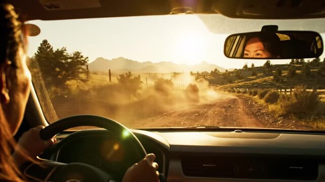 Driving on a dusty dirt road through a scenic countryside at sunset with a sunlit rearview mirror reflection - Powered by Adobe