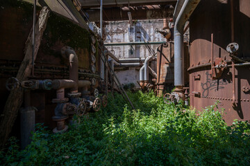 Fototapeta premium Derelict industrial hall of an abandoned Italian sugar mill. Large warehouse ruins with decaying walls and urban exploration atmosphere