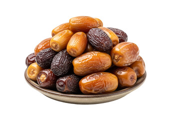 assorted dried dates on ceramic plate, close-up