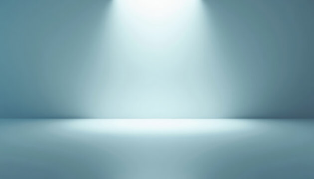 Empty blue 3D studio background with bright spotlight and floor reflection