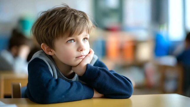 Bored elementary school student daydreaming in class faceless youngster defocused classroom background attention challenge scene educational environment moment learning engage