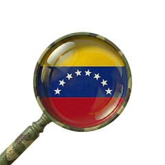 Venezuela flag within a camouflage-handled magnifying glass Isolated on transparent background