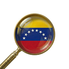 Venezuela flag within a golden-handled magnifying glass Isolated on transparent background