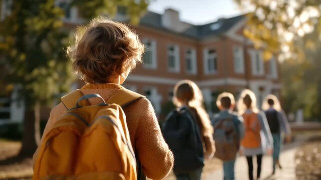 Educational concept with collective of youngsters walking happily to school building faceless children defocused sunny background back to learning scene academic journey visual